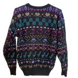 Vintage Alps Women's Wool Duck Sheep Animal Printed Crew Neck Black Sweater M